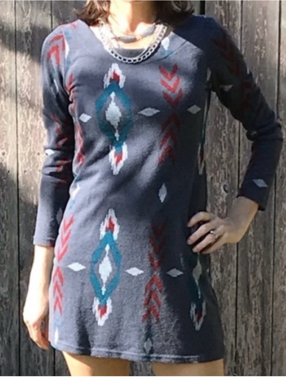 EARTHBOUND Navy Mini Dress with Teal and Red Aztec Motif